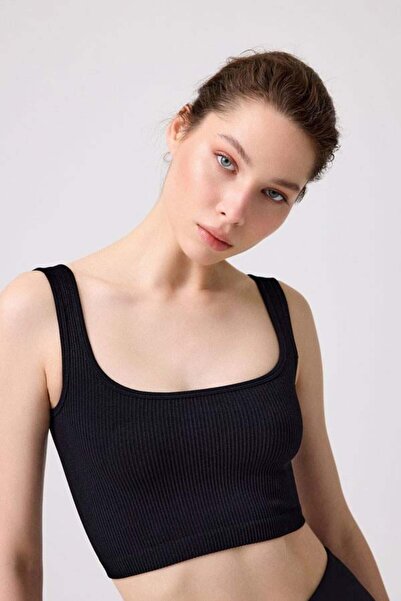 Cottonhill Premium Women's - Black Seamless Crop Top Bustier, Medium Length, Square Collar