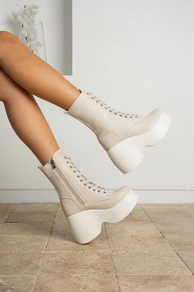 ShoeTek Karina Γυναικείες Μπότες Lace Up Wedge Σόλα Μπεζ Δερμάτινο