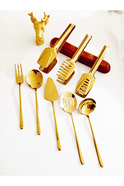 BERMİRA Home Collection 8 Parça Gold Sos Servis Seti Ve Maşa Servis Sunum Seti