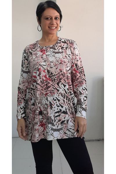 Mertcan Butik Black Red Ecru Patterned Long-Sleeved Combed Cotton Viscose T-Shirt