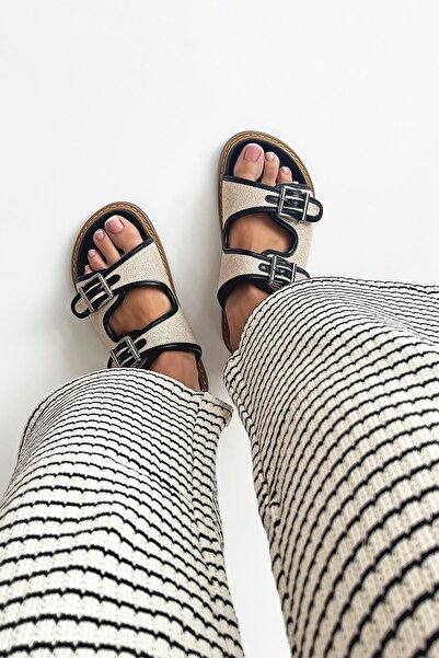 STRASWANS Papuci casual de damă din piele Black Moss - Detaliat cu paie