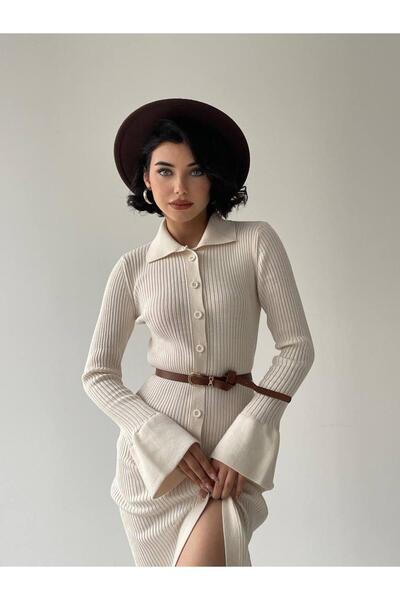 conconmoda Miracle Düğme Detay Triko Elbise Krem