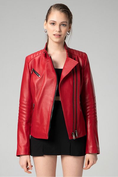 Dericlub Genuine Leather Casuka Red Women's Coat