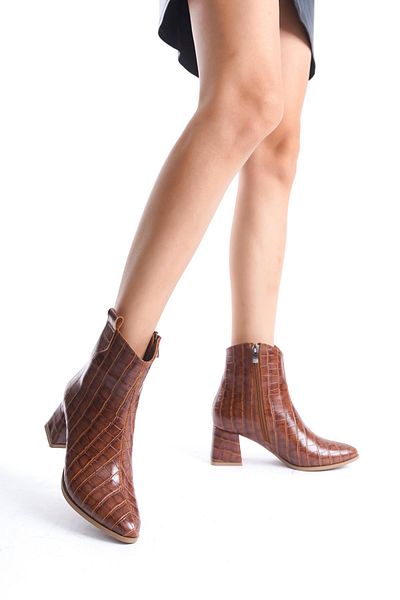 Bak Store Γυναικείες μπότες με χοντρό τακούνι Tan Crocodile Cowboy Style - Κοντή μυτερή μύτη
