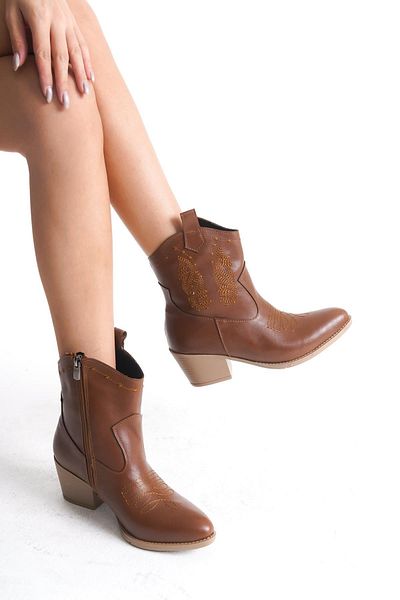 Bak Store Western Cowboy Tan Κεντημένες Γυναικείες Μπότες - Με φερμουάρ