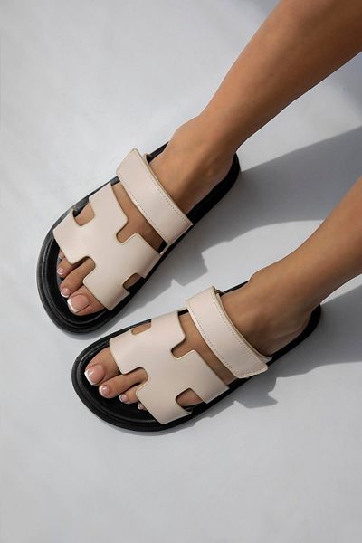 STRASWANS Papuci de damă din piele cu velcro Palmeira bej negru