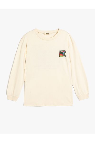 Koton Cotton Long Sleeve Oversize T-Shirt - Crew Neck, Print Detail