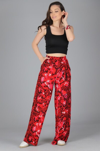 SWEETNESS Women's Red Wide Leg Elastic Waist Pants