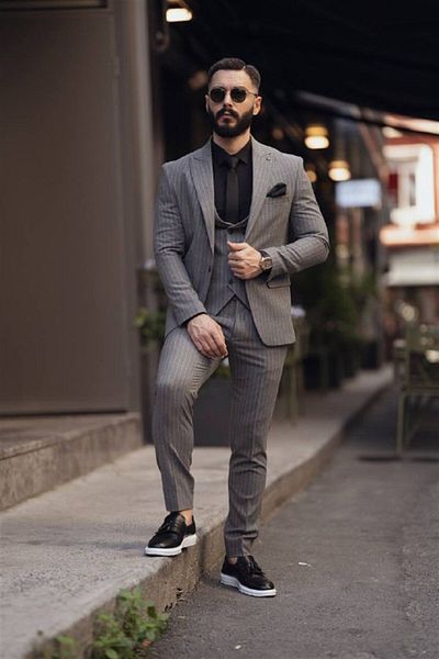 Salihtarzz ITALIAN CUT STRIPED VEST MEN'S GRAY SUIT DRESS - SLIM FIT SD4849