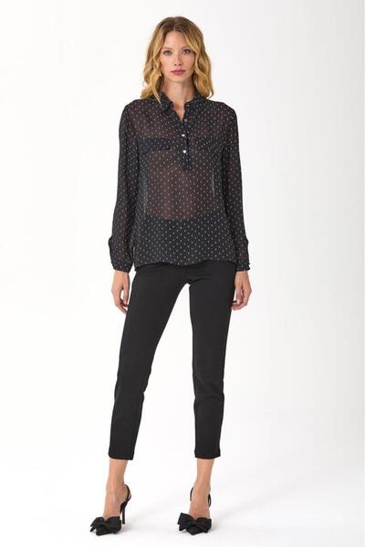 İKİLER Önü Düğmeli Süs Kapak Cepli Desenli Bluz 245-3009