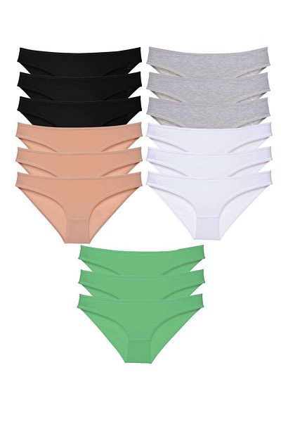 AC BOX 15 Pieces Super Eco Set Lycra Women's Slip Panties Black Skin Gray White Green