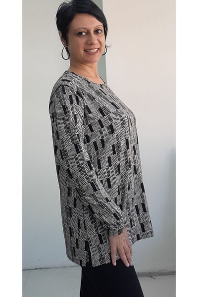 Mertcan Butik Black Cream Print Long-Sleeved Combed Cotton Viscose T-Shirt