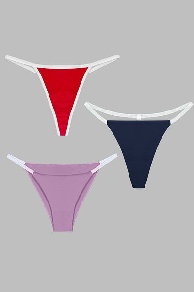 Yohannes Club Women's 3-Piece Brazilian String Set - T-Thong and Thong, Lilac, Navy, Red