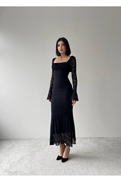 conconmoda Matilda Dantel Uzun Siyah Elbise