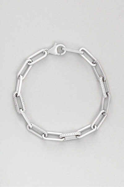 So CHIC... Beyaz Taş Detaylı 18 Ayar Beyaz Altın Kaplama 19 Cm Gümüş Tasarım Bileklik