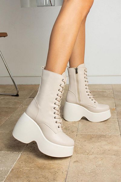 ShoeTek Karina Γυναικείες Μπότες Lace Up Wedge Σόλα Μπεζ Δερμάτινο