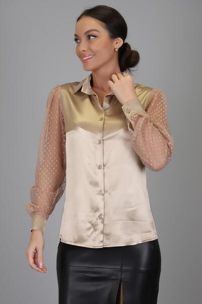 SWEETNESS Γυναικείο βραδινό πουκάμισο με μανίκια σε μπεζ σατέν τούλι