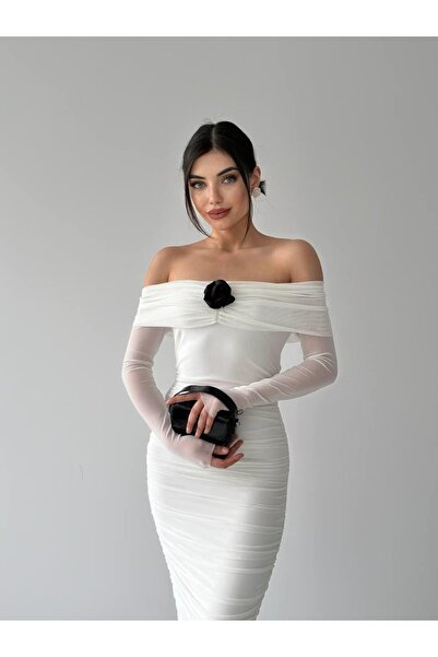 conconmoda Star Siyah Strsplez Drapeli Gül Detay Elbise