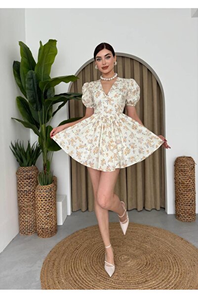 conconmoda Çiçekli Balon Kol Mini elbise