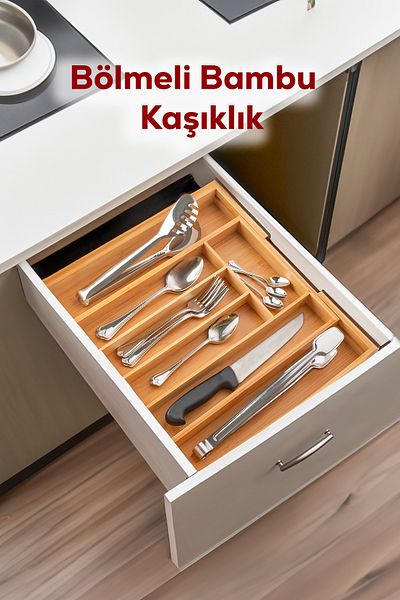 Porsima M9263-55 Органайзер за лъжици от бамбук - 5-7 отделения, регулируем размер, чекмедже вътре в плота