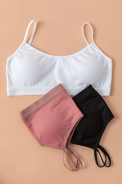 ld lidya underwear Women's Black White Rose K 3-Piece Ribbed Rope Strap Half Tank with Removable Pads 2024-3