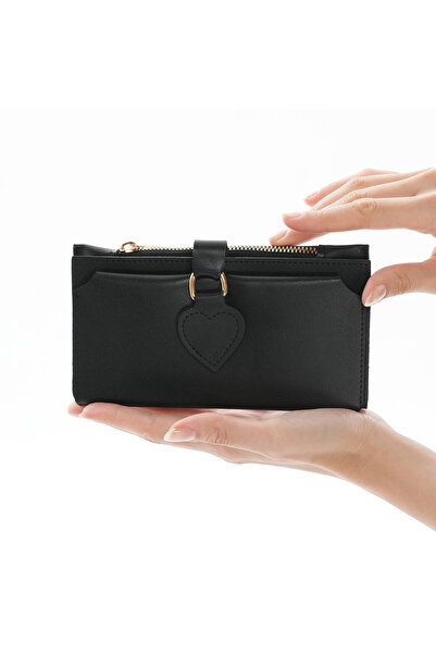 Ayleen Ayz Kadın Siyah Cüzdan Yumuşak Derili Tokalı Aksesuar Cüzdan Kartlık Telefon Bölmeli