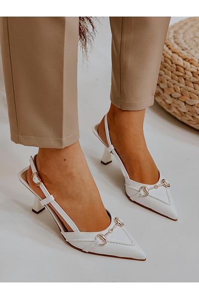 ERVANIN BUTİĞİ White Leather (MOSS) Buckle Detail Women's Stiletto
