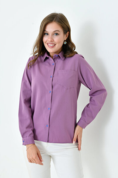 enmodaiçgiyim Відкрита фіолетова коротка модель Basic жіноча сорочка – стильна, прямий крій, з кишенями, для щоденного та офісного використання