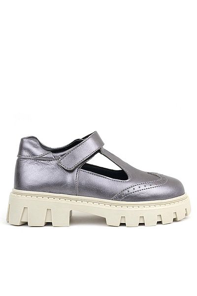 Rakerplus Pantofi de școală pentru fete, piele naturală, platină, crem, talpă Velcro