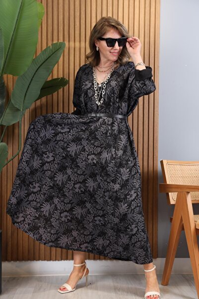 MİSLİNA BUTİK Yaprak Desen İthal Keten Siyah Elbise