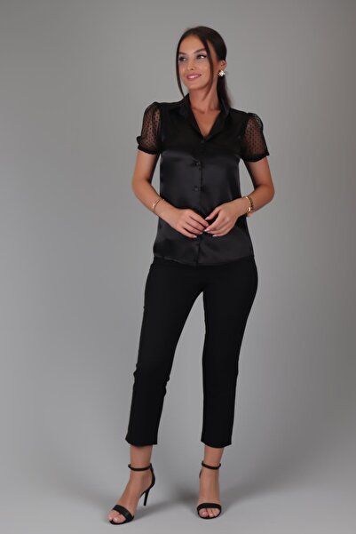 SWEETNESS Black Satin Short Tulle Sleeve Women's Evening Dress Shirt