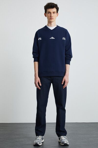 GRIMELANGE YANIS férfi 3 szálas 100% organikus pamut V-nyakú sötétkék pulóver