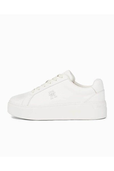 Tommy Hilfiger Kadın Marka Logolu Rahat Taban Bağıcıklı Beyaz Sneaker FW0FW07912-YBL