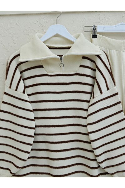 Modamorfo Garland nyakú cipzáras csíkos kötöttáru szett - Krém