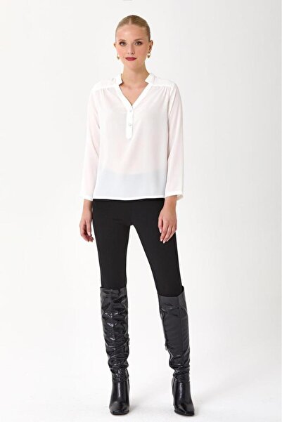 İKİLER Hakim Yaka Önü Düğmeli Uzun Kol Bluz 245-3015