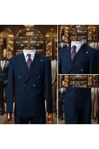 Salihtarzz Suit Italian Cut Double Breasted Bag With Belt Navy SD4170