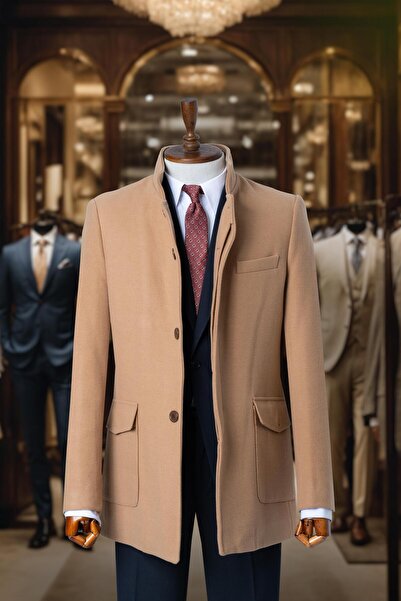 Salihtarzz Men's Coat Stamped Cashmere Tan Bag Pocket SD7863