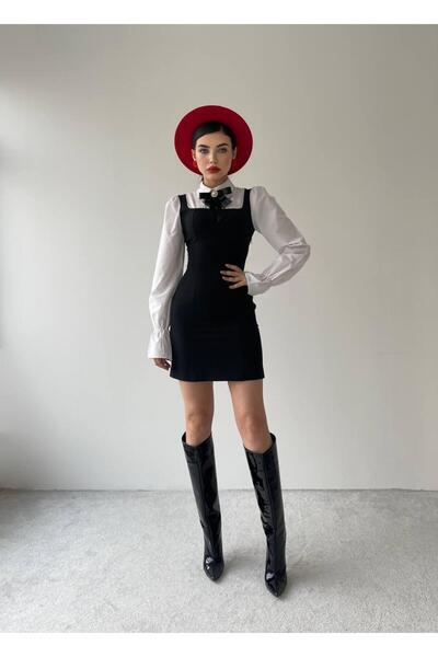conconmoda İdil Mini Siyah Gömlek Yaka Elbise