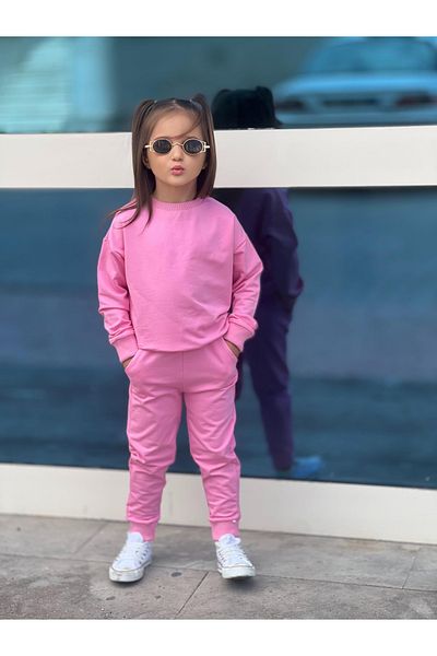 CINARIUM Girl's Pink Color Lycra Tracksuit Crew Suit