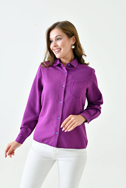 enmodaiçgiyim Purple Short Model Basic Women's Shirt – Stylish, Straight Cut, with Pockets for Daily and Office Use
