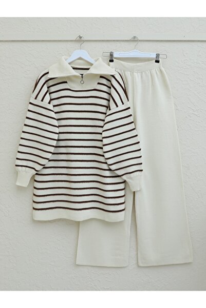 Modamorfo Garland nyakú cipzáras csíkos kötöttáru szett - Krém