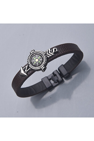 idolavm Erkek Deri Bileklik Pusula Simgeli Takı Aksesuar B24 T5