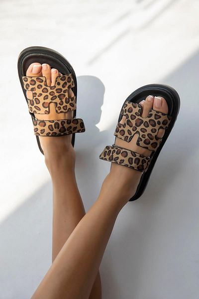 STRASWANS Palmeira Women's Leather Slippers - Velcro Strap, Leopard Print