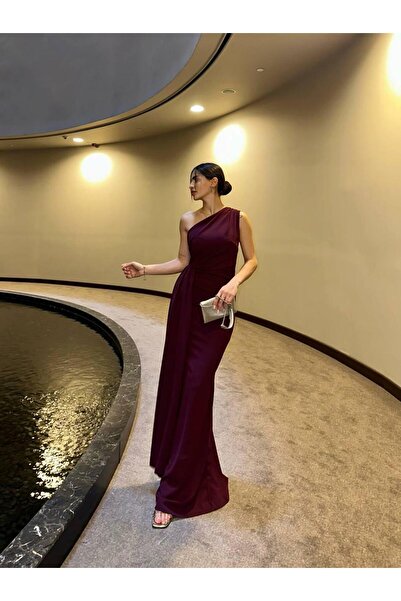 conconmoda Adel One Shoulder Long Stylish Dress Burgundy