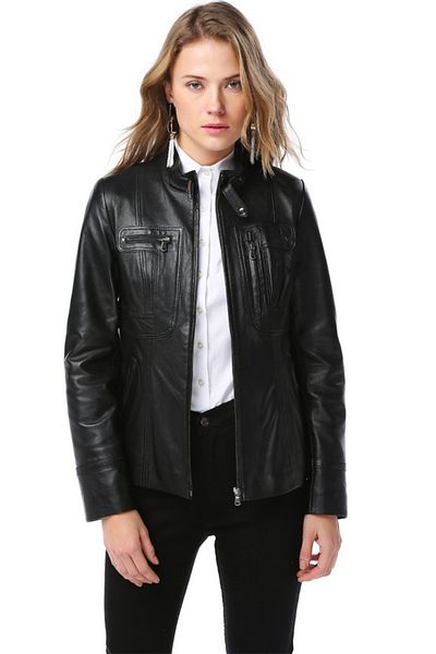 Dericlub Yb2043 Palton negru din piele naturală pentru femei
