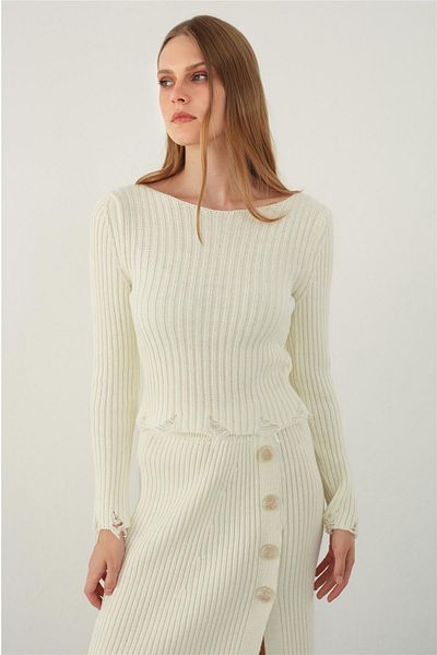 SHERIN Ecru Ripped Detailed Knitted Knitwear Sweater