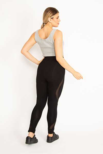 Şans Women's Large Size Black Tulle Detailed Viscose Leggings 65n34706