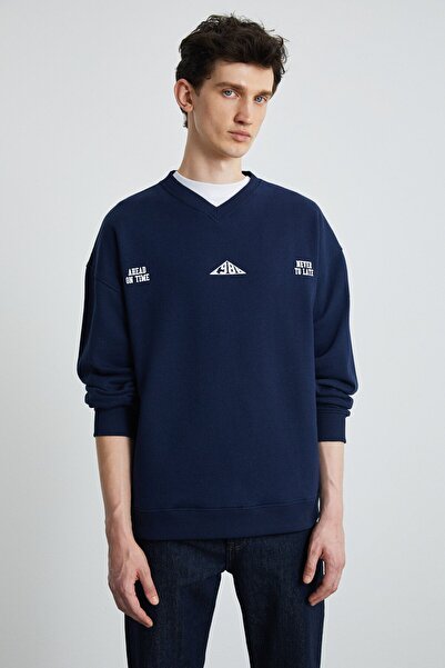 GRIMELANGE YANIS férfi 3 szálas 100% organikus pamut V-nyakú sötétkék pulóver