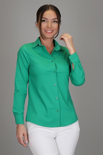 SWEETNESS Women's Dark Green Lycra Long Sleeve Cotton Classic Shirt