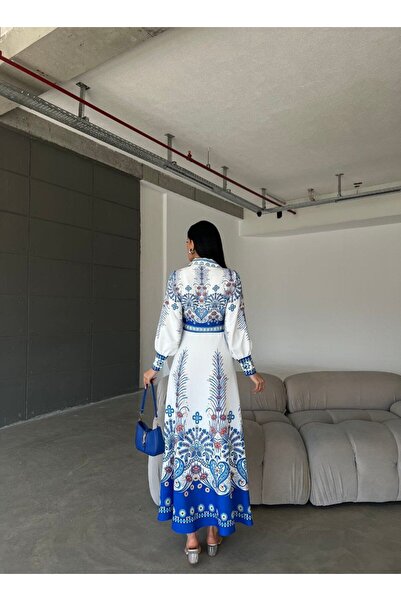 WellWay Atlas Kumaş Elbise (Kemer Dahildir)-Mavi NHN29